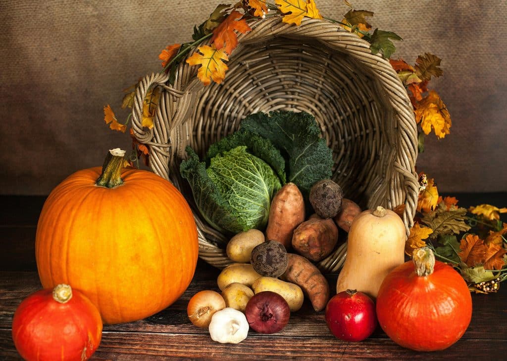 Panier de légumes d'hiver : courge, choux, pomme de terre, patate douce