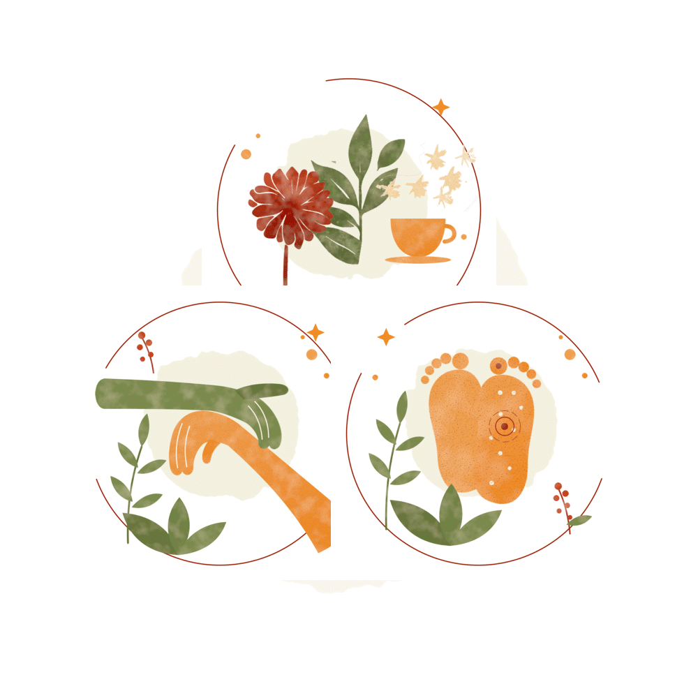Illustration de trois approches complémentaires : naturopathie, kinésiologie et réflexologie plantaire